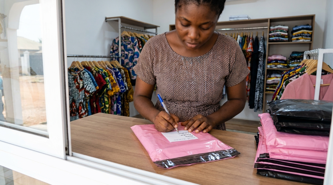 A shop owner writing a delivery note and taping it to a parcel
