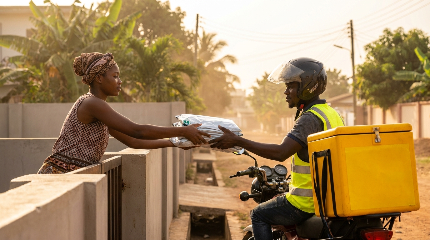 A seller handing parcels to a BYB rider on an Accra street