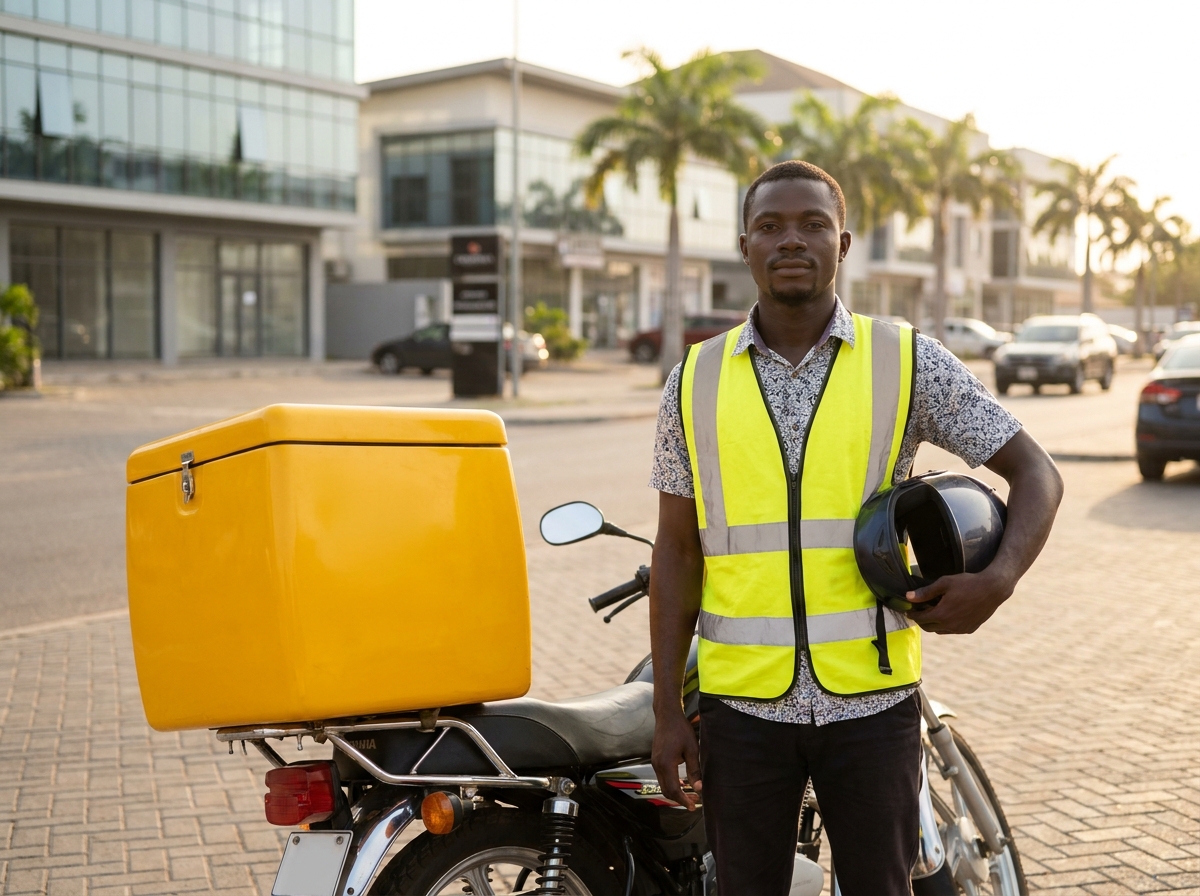 A BYB rider beside his motorcycle and yellow delivery box