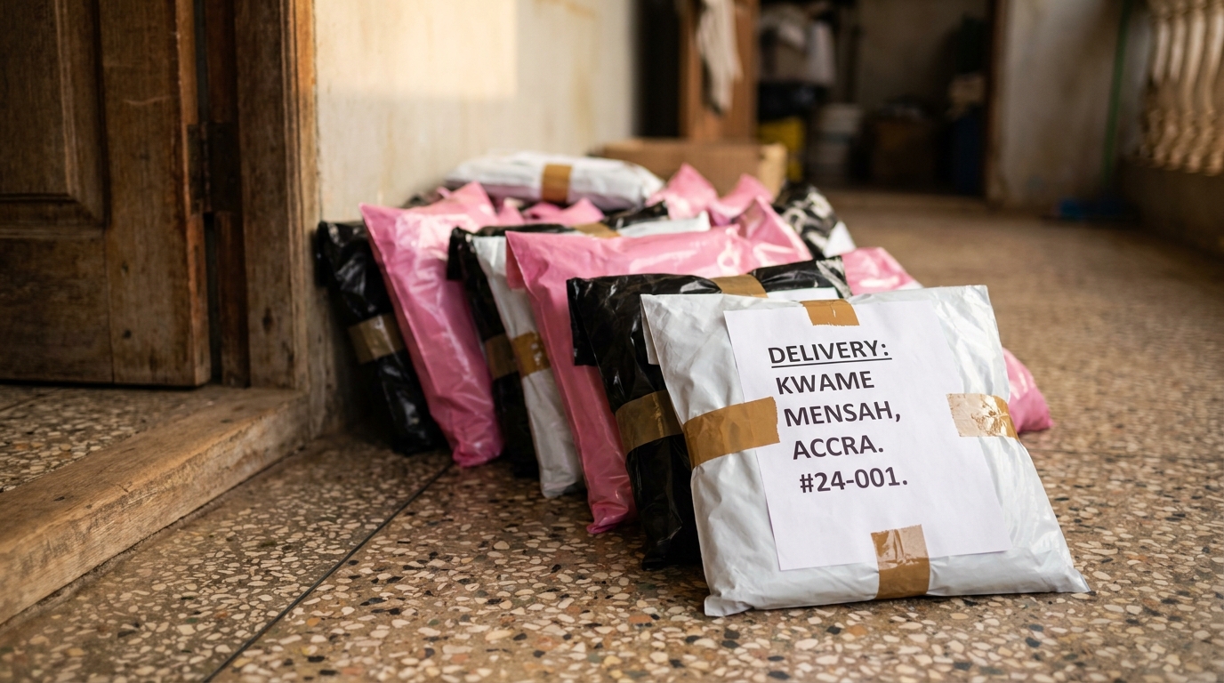 Around twenty labelled parcels stacked ready for collection