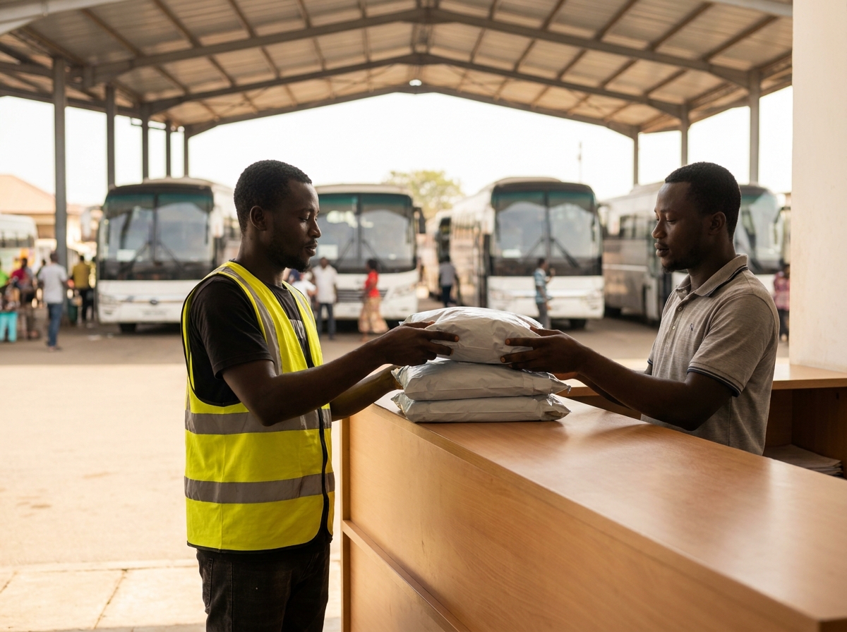 A BYB rider handing parcels across the counter at an Accra bus station parcel office